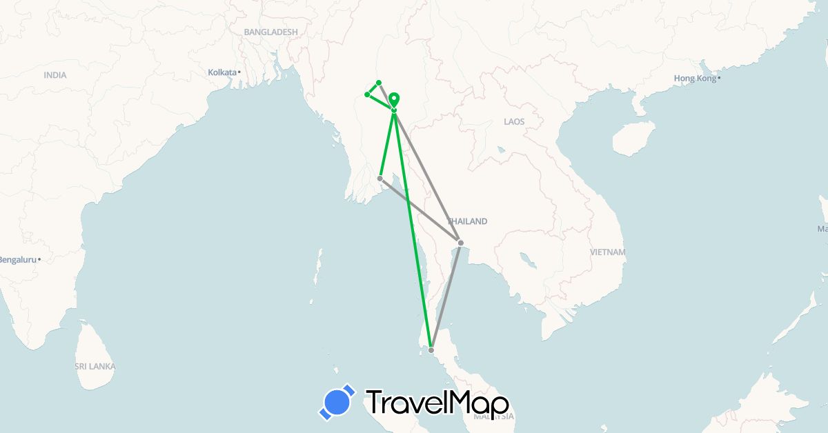 TravelMap itinerary: driving, bus, plane in Myanmar (Burma), Thailand (Asia)